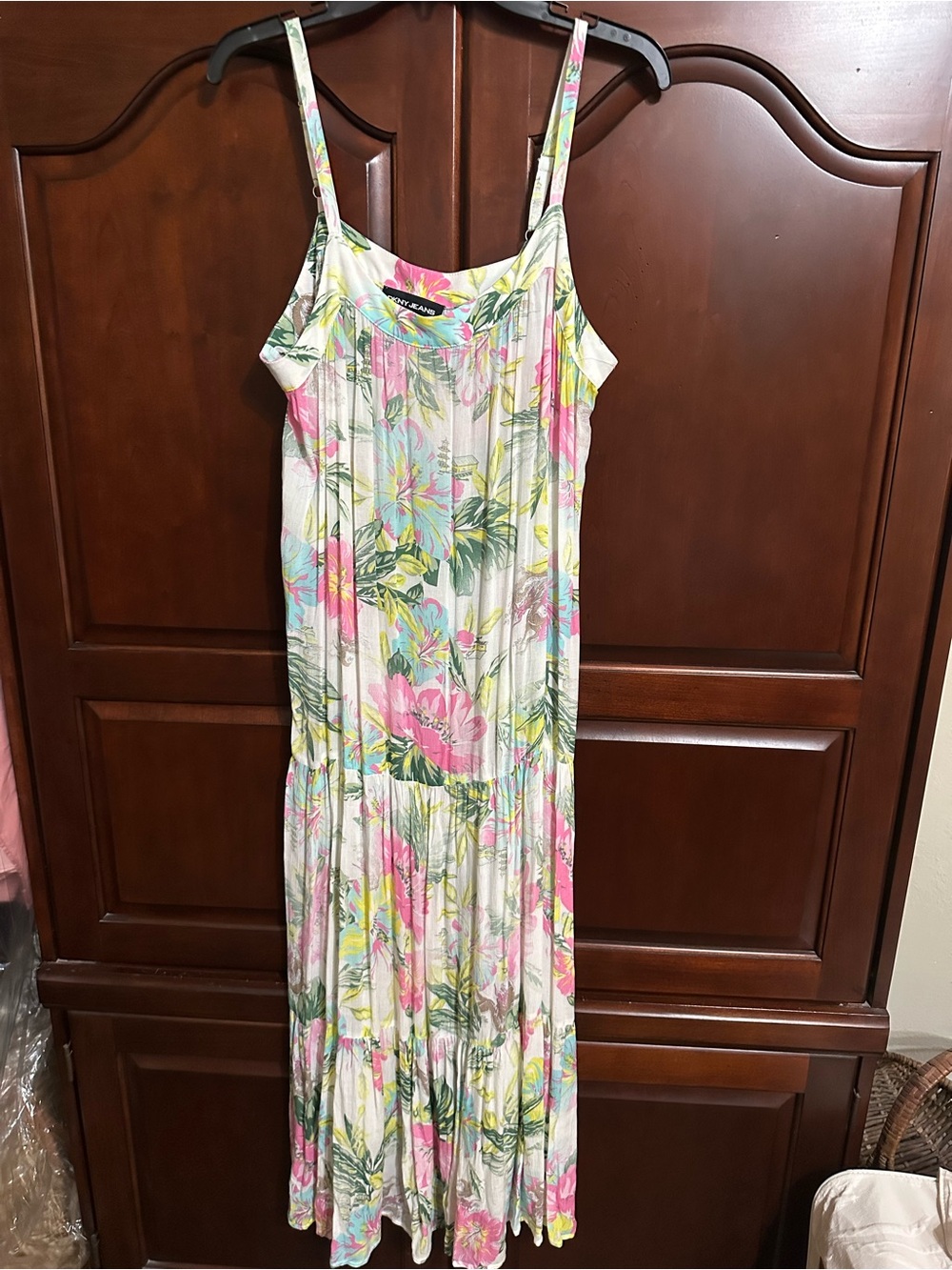 DKNY Floral Pleated Maxi Dress in Pink, Mint & Yellow - Picture 3 of 3